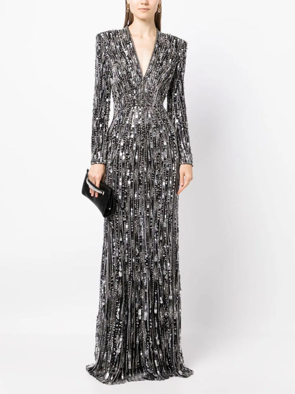 V-Neck Sequined Long Sleeves Maxi Dress