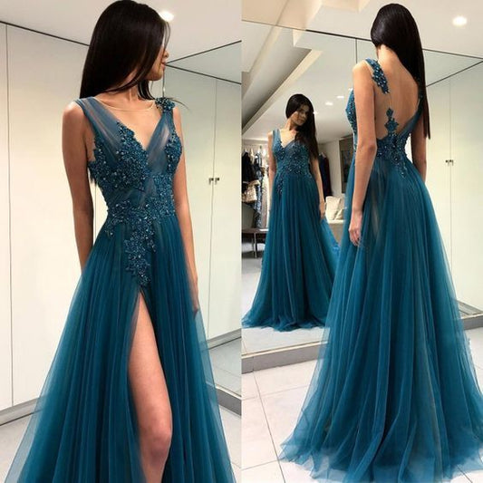 Sexy Long Prom Dresses V-Neck High Slit Appliqued Tulle Backless Long Evening Party Gowns F Formal Dress Abendkleider prom dress 1725