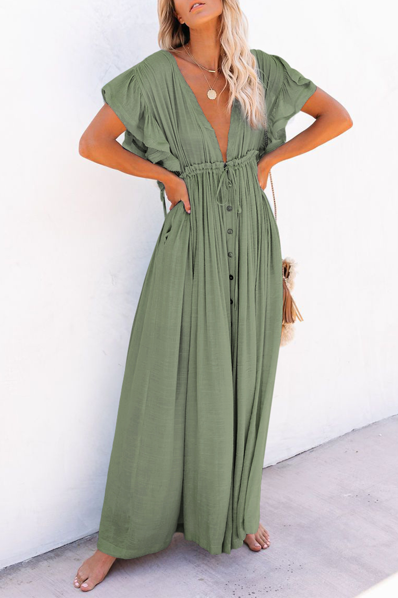 loveedsTM-Elegant Solid Frenulum Buckle V Neck A Line Dresses