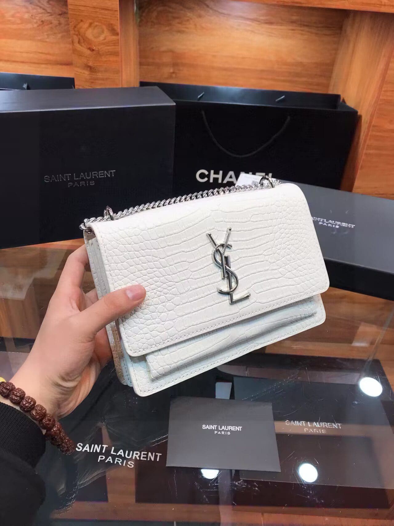 SAINT LAURENT Calfskin Crocodile Embossed Medium Monogram Sunset Icy White