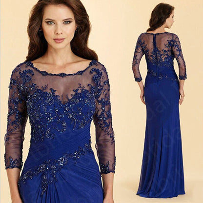 loveedsTM- Latest Royal Blue Lace Mother of the Bride Dresses Jewel Neck With 3/4 Sleeves Wedding Party Gowns Applique Beaded