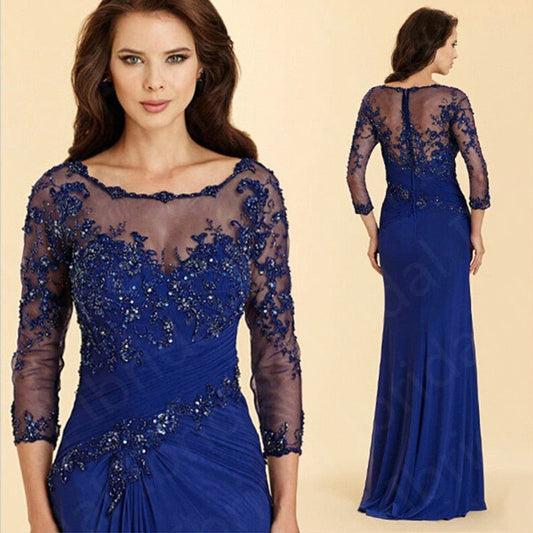 loveedsTM- Latest Royal Blue Lace Mother of the Bride Dresses Jewel Neck With 3/4 Sleeves Wedding Party Gowns Applique Beaded