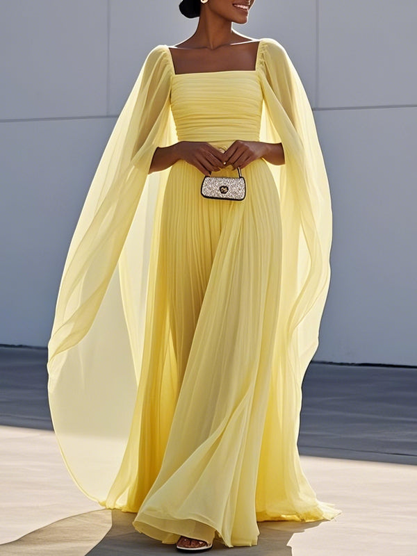 Yellow Pleated Chiffon Dress Square Neck Long Sleeve A-Line Gown