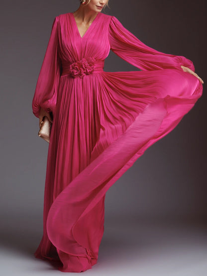 V-neck Long Sleeve Solid Color Maxi Dress