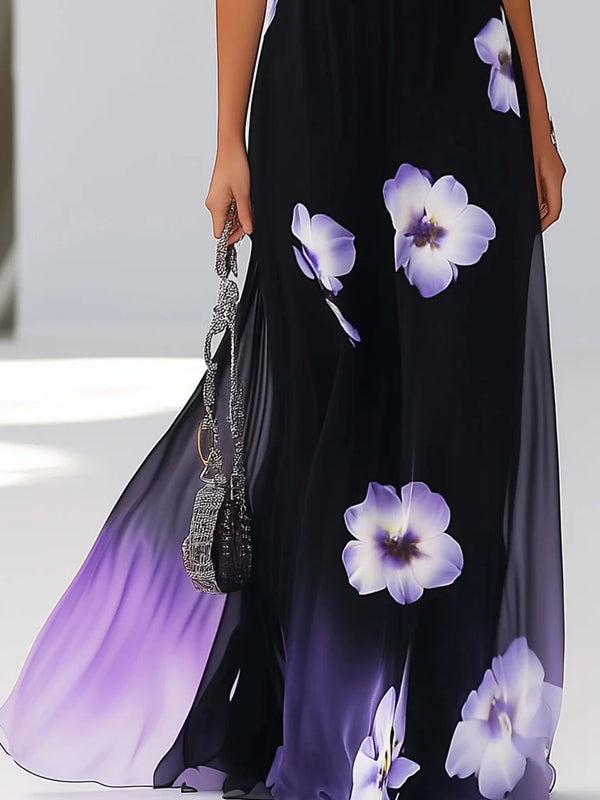 Chiffon Maxi Dress With Trendy Purple Gradient Flowers