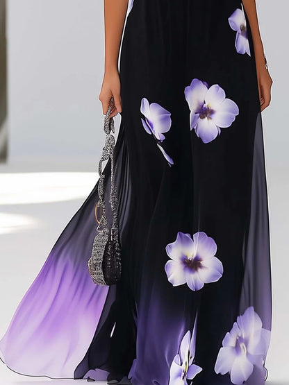 Chiffon Maxi Dress With Trendy Purple Gradient Flowers
