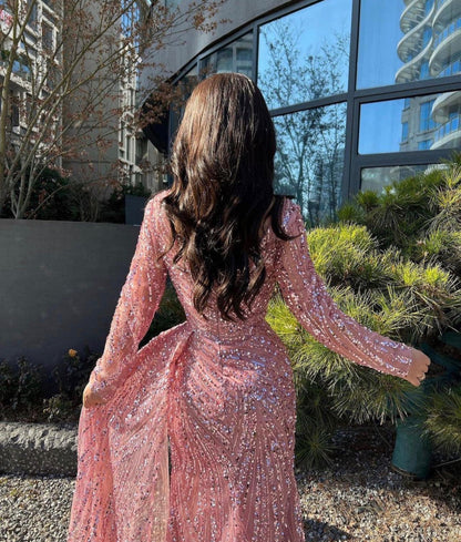 Long sleeved sequins a line prom dress shiny pink evening gown with slit gh2751