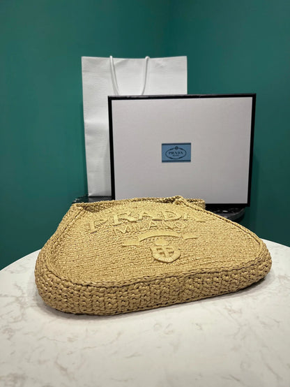 Prada Raffia Round Tote - 30x24x4.5cm