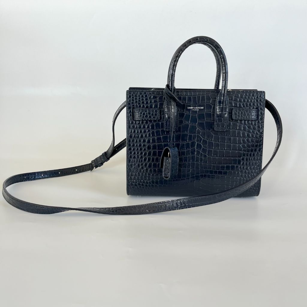 Saint Laurent navy croc embossed shiny leather Nano Sac De Jour bag