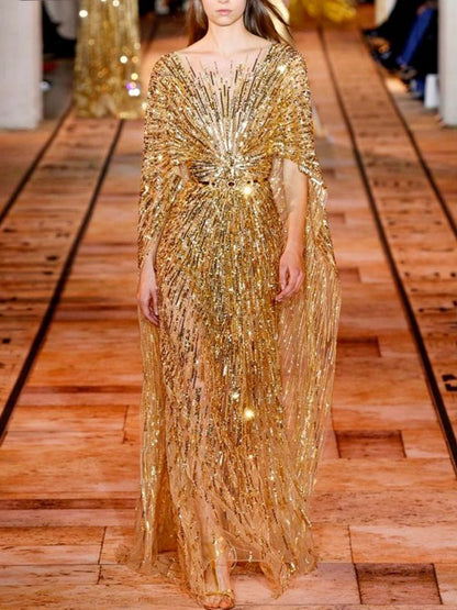 Sequined Mesh Cape Show Women's Gown