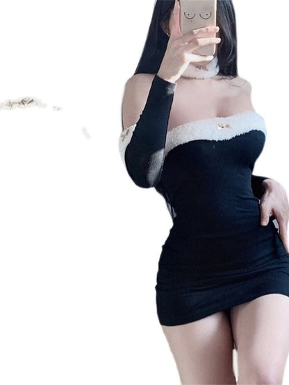 loveedsTM- Cute Loli Tight Mini Dress Strapless Long Sleeve Slim Hip High Waist New Sexy Sweet Spicy Black Elegant Korean  8G3B