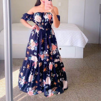 loveedsTM-Sexy Off The Shoulder Tube Top Dress Butterfly Rainbow Floral Print Dress Ladies Elegant Slim Summer Bohemian Party Maxi Dresses