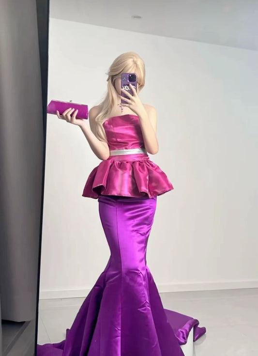 Barbie Pink Mermaid Strapless Satin Long Prom Dress Evening Dress SH3716