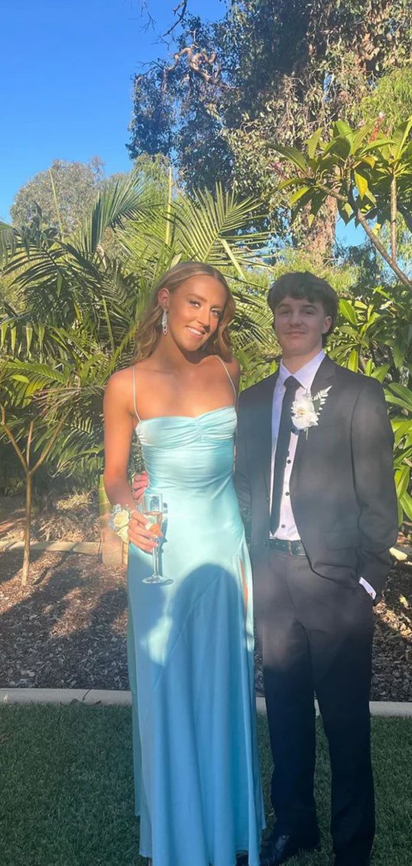 Elegant Blue Satin Mermaid Side Slit Long Evening Prom Dresses Sexy Prom Dress DP246