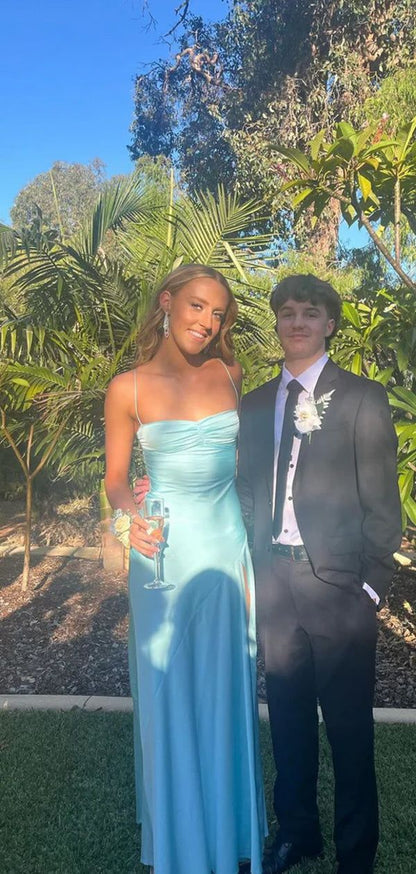 Elegant Blue Satin Mermaid Side Slit Long Evening Prom Dresses Sexy Prom Dress DP246