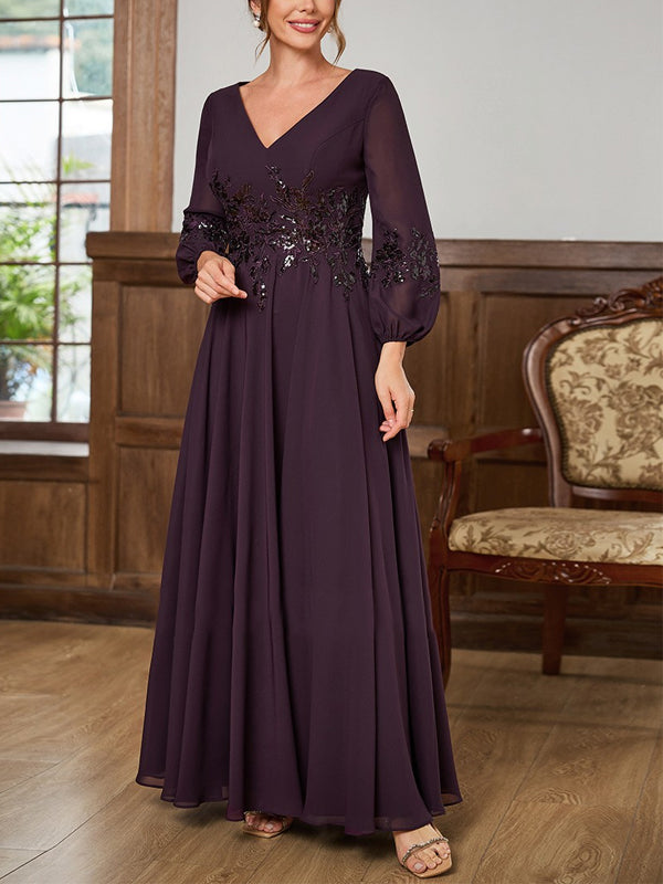 V-neck Long Sleeve Solid Color Maxi Dress