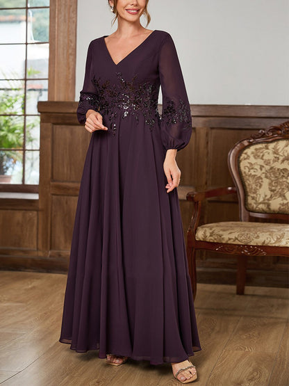 V-neck Long Sleeve Solid Color Maxi Dress