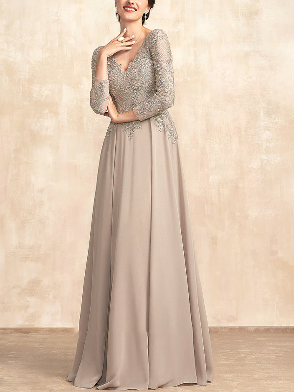 V-Neck Lace Long-Sleeved Solid Color Maxi Dress