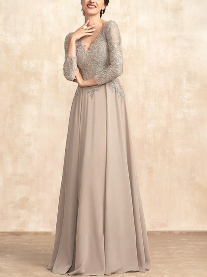 V-Neck Lace Long-Sleeved Solid Color Maxi Dress