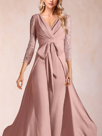 Chiffon V-Neck 3/4 Sleeves Floor-Length Ruched Mother of the Bride Pantsuits with Appliques