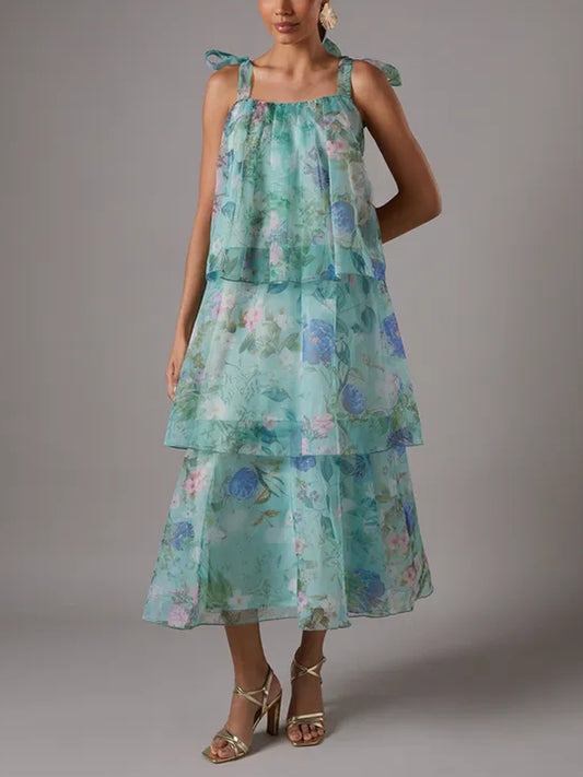 Floral Printed Organza Midi Dress