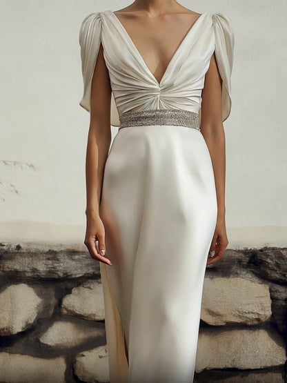 Evening Party Satin Dress White Deep V-Neck Rhinestone Belt Slit Maxi Dress