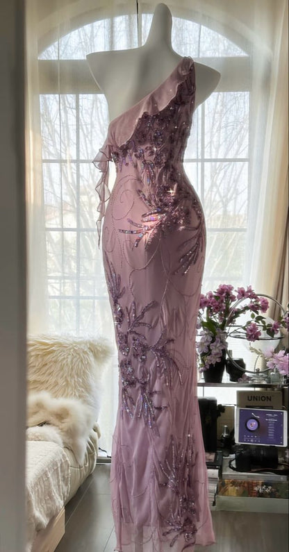 Purple Sheath One Shoulder Beaded Chiffon Long Prom Dress Graduation Prom Dress SH2561