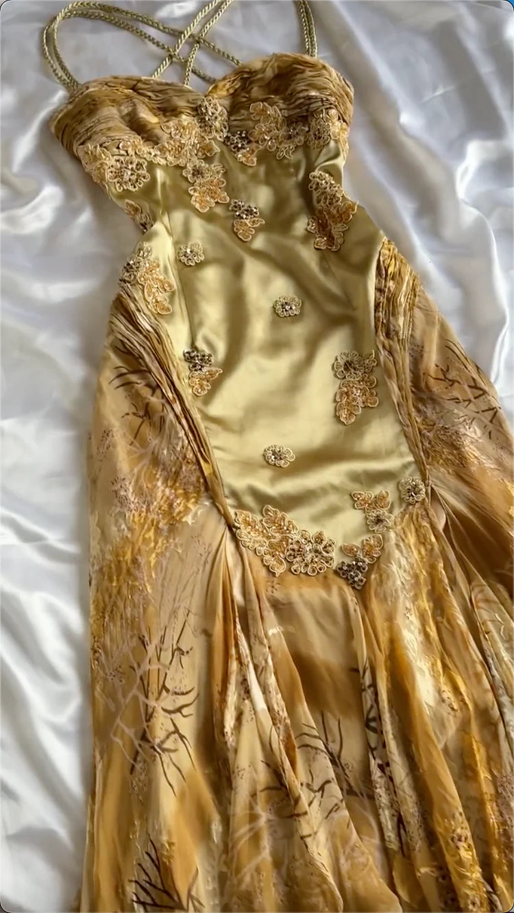 Gold Gorgeous Beautiful Charming Elegant Exquisite Floral Beaded Strapless Long Satin Chiffon Ball Gown Evening Dress Party Dress Prom Dress gh3824