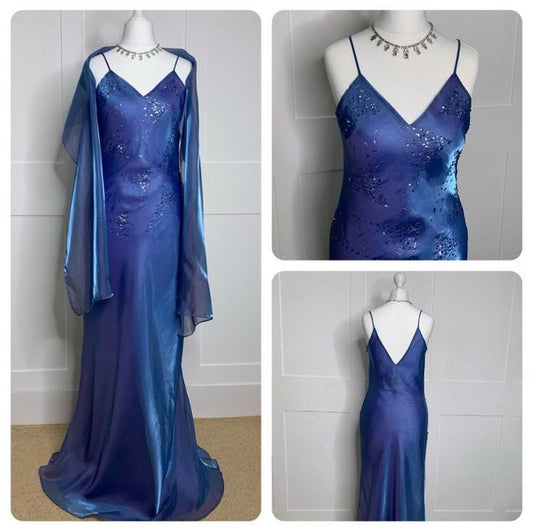 Blue fashion small V-neck exquisite floral beaded spaghetti strap fairy long satin floor-length small train chiffon ball gown evening dress party dress wedding guest dress graduation dress prom dress mother of the bride dress gh3981