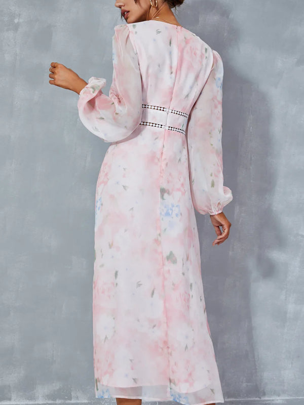 Floral Print V-Neck A-line Chiffon Midi Dress