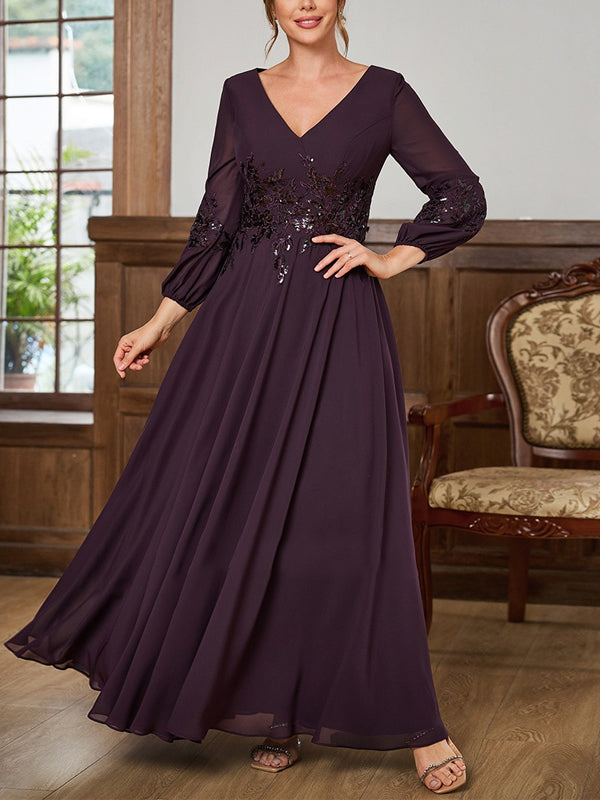 V-neck Long Sleeve Solid Color Maxi Dress