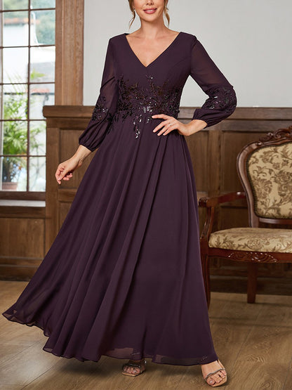 V-neck Long Sleeve Solid Color Maxi Dress