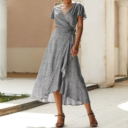 loveedsTM-Summer Vacation Holiday Dress Boho Green Printed Sashes Ruffles Bohemian Midi Dress V-Neck Irregular Short Sleeve Sundress