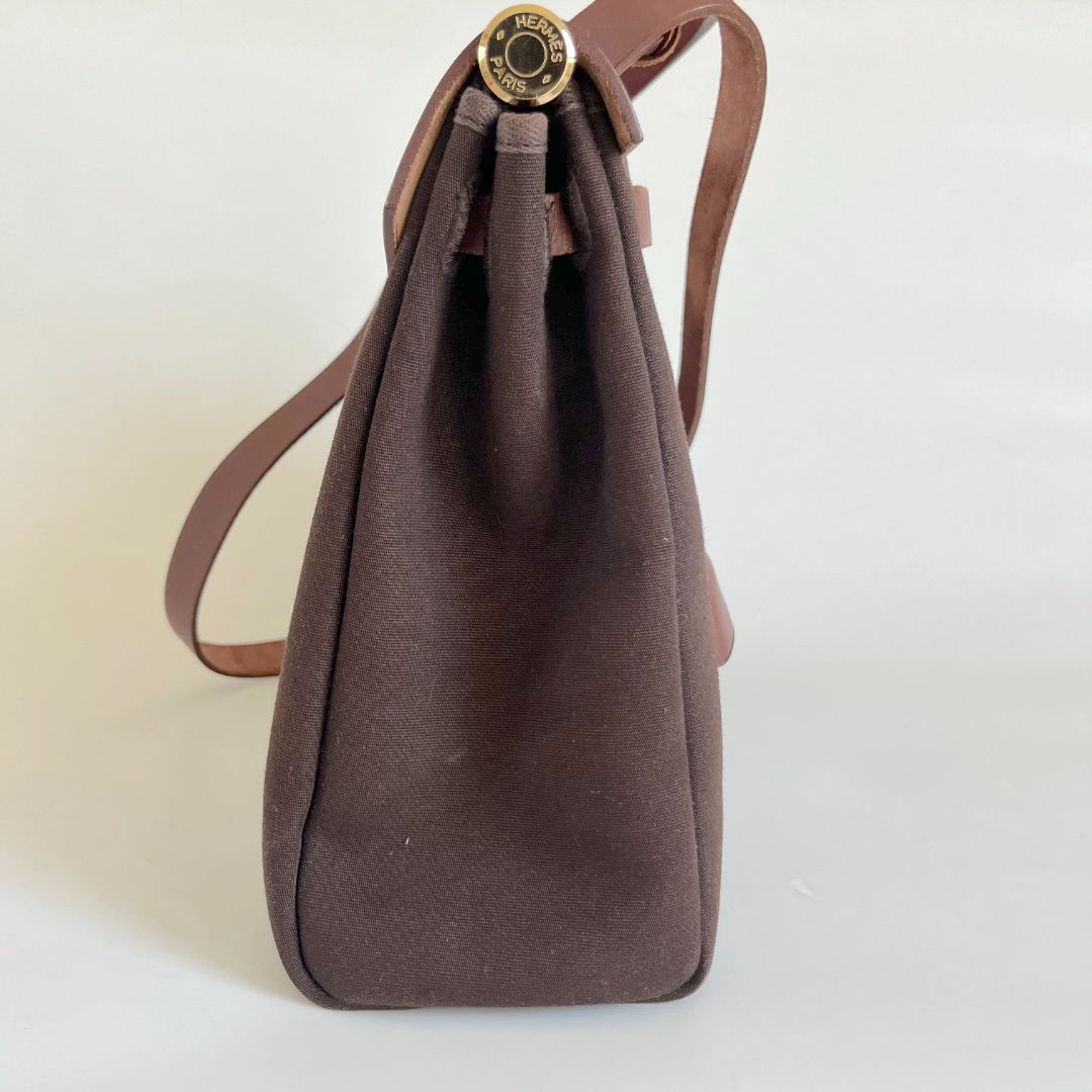 Hermes Chocolate Brown/Beige Toile and Leather Herbag 31 Bag