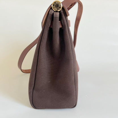 Hermes Chocolate Brown/Beige Toile and Leather Herbag 31 Bag