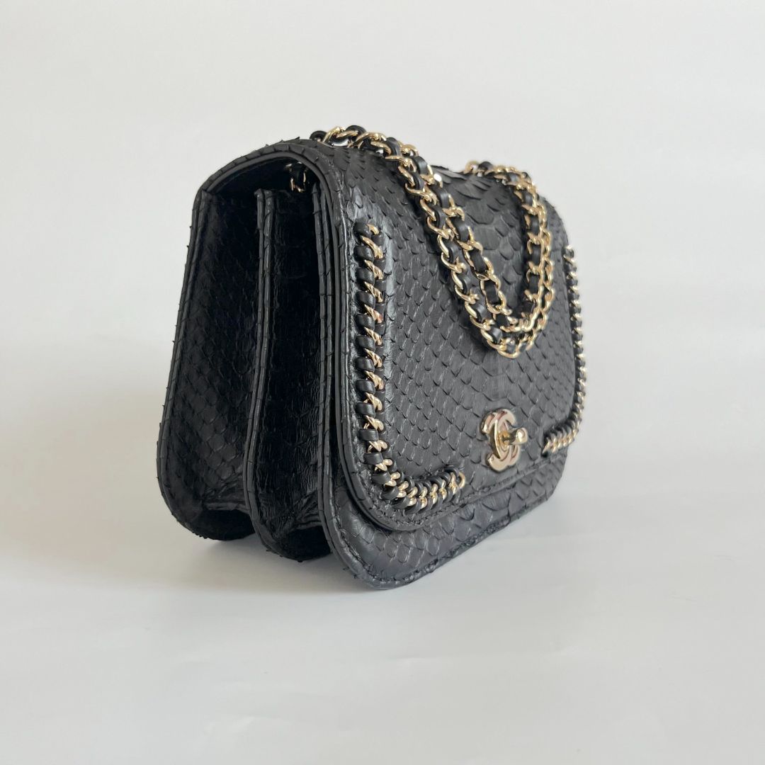 Chanel black braided chic flap bag in python