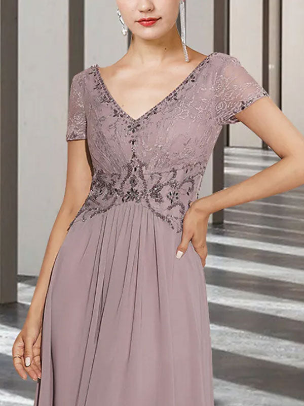 Lace Short Sleeve V Neck Style Wedding Mother-of-the-Bride Dress