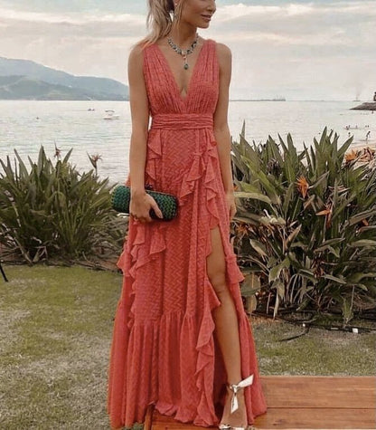 Orange fashion V-neck A-line tiered long elegant chiffon ruffle side slit Prom Dress evening dress wedding guest party dress gh2789