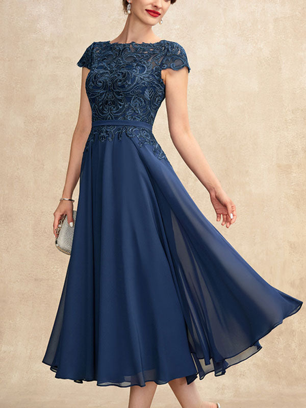A-Line Scoop Neck Tea-Length Chiffon Lace Mother of the Bride Dress