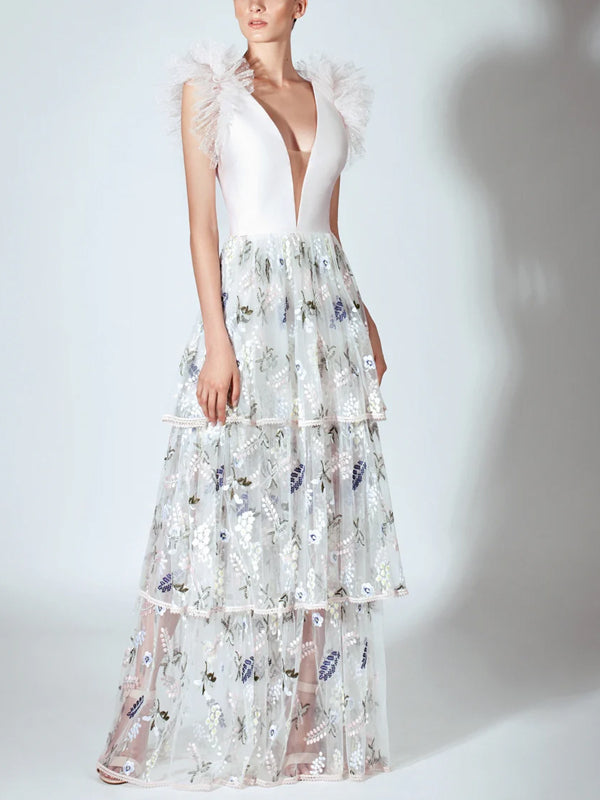 V-neck Sleeveless Mesh Maxi Dress