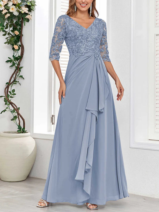 V Neck Half Sleeves Lace Appliques Long Chiffon Mother Of The Bride Dresses
