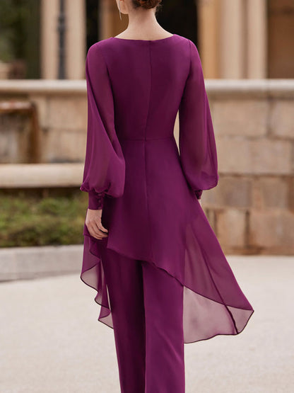 V-neck Temperament Chiffon Irregular Hem Ladies Sets