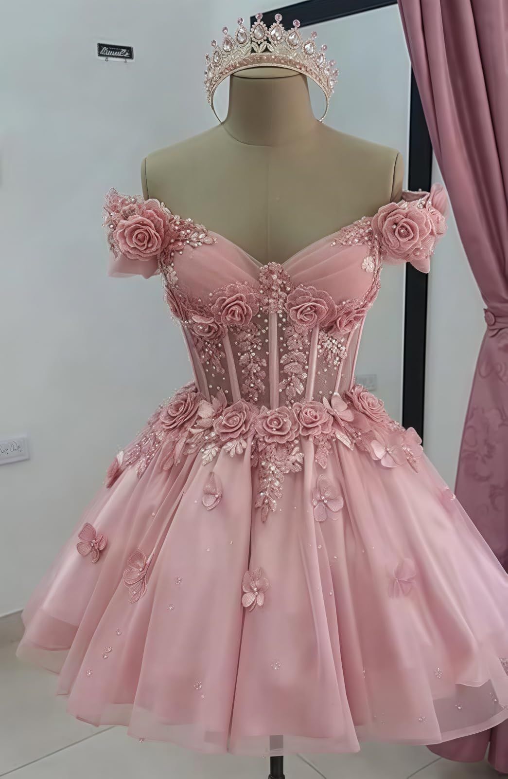 Pink Floral Exquisite Beaded Short Tulle Homecoming Dress Prom Dress Birthday Party Dress gh5024