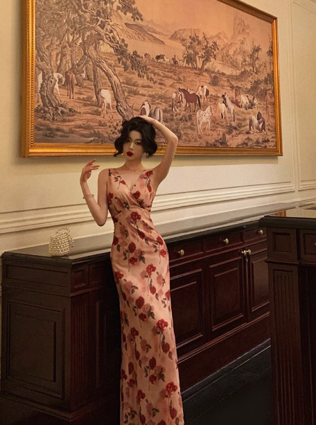 Sexy Sheath V Neckline Floral Pink 18th Birthday Dress Holiday Party Birthday Outfits For Women DP0155