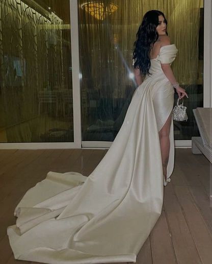 White Off The Shoulder Pleated Satin Prom Dress Formal Evening Dress SH930