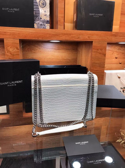 SAINT LAURENT Calfskin Crocodile Embossed Medium Monogram Sunset Icy White