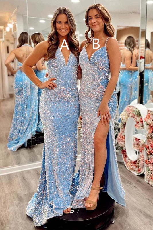 Light Blue Sequin Mermaid Long Prom Dresses