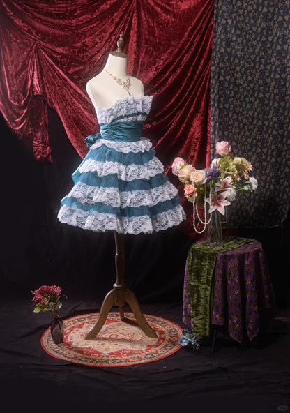 Blue Ocean Lace Homecoming Dress Vintage Prom Dress Birthday Dress gh4539