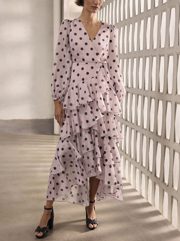 Tie-up Layered Chiffon Polka Dots Women's Dress