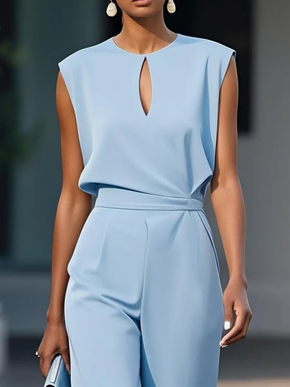 Light Blue Hollow Out Crew Neck Cap Sleeve Dressy Jumpsuit